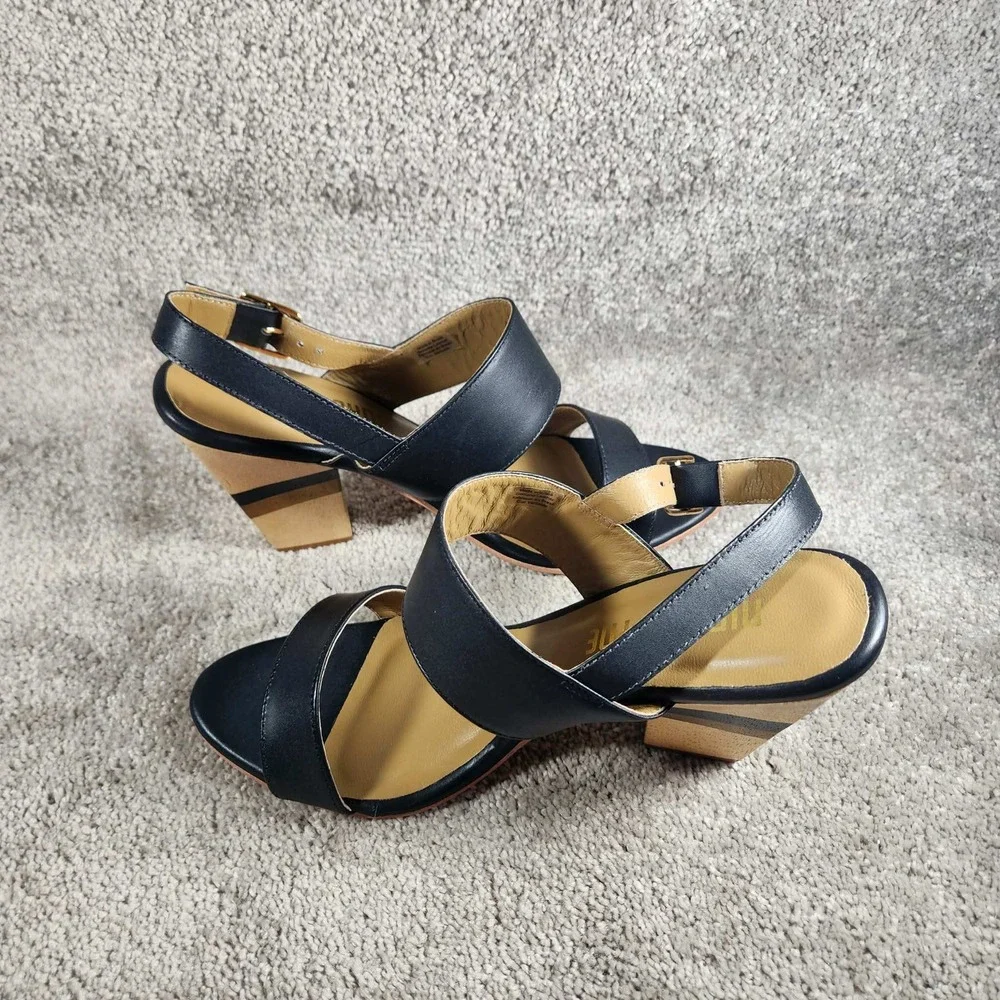 Nina Payne Elena Sandals Black Leather Striped Wood Block Heel Womens 40 (9.5)